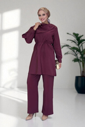 Sedef Kumaş Tunik Pantolon İkili Takım 8693 Bordo - 1