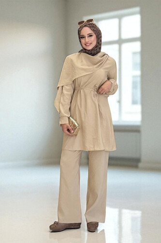 Sedef Kumaş Tunik Pantolon İkili Takım 8693 Vizon - 1
