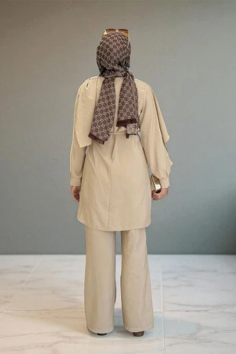 Sedef Kumaş Tunik Pantolon İkili Takım 8693 Vizon - 2