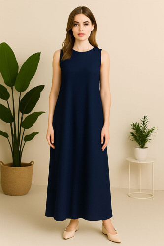 Sıfır Kollu Uzun Sandy İçlik Elbise 3197 Lacivert - Bym Fashion
