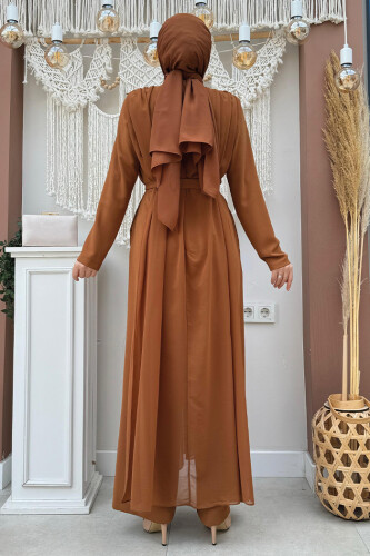 Chiffon Cape Detailed Waist Belted Jumpsuit 3330 Taba - Bym Fashion (1)