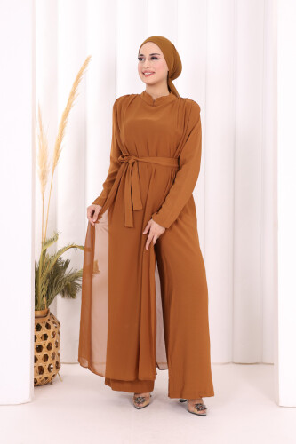 Şifon Pelerin Detay Bel Kuşaklı Tulum 3330 Taba - 5