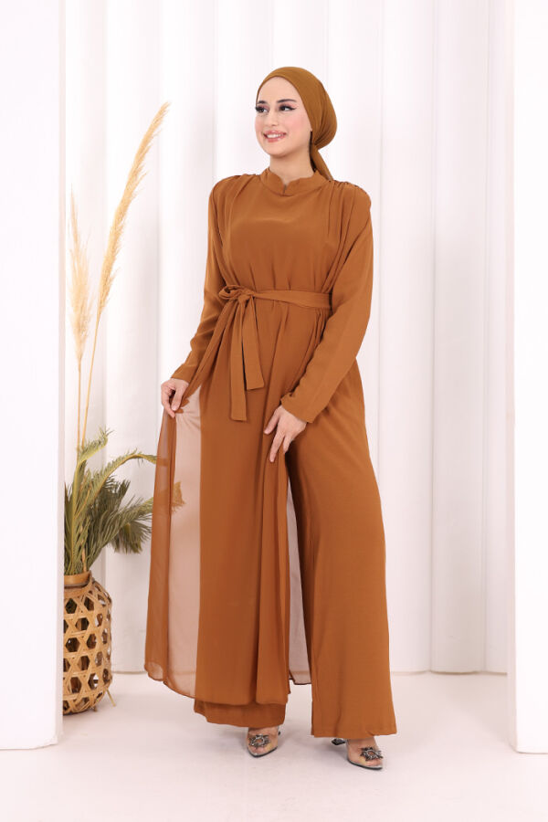 Şifon Pelerin Detay Bel Kuşaklı Tulum 3330 Taba - 5