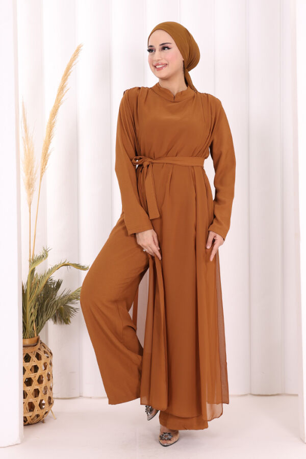 Şifon Pelerin Detay Bel Kuşaklı Tulum 3330 Taba - 6