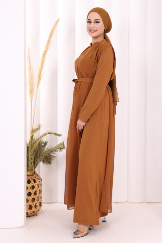 Şifon Pelerin Detay Bel Kuşaklı Tulum 3330 Taba - 7