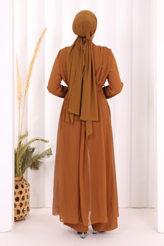 Şifon Pelerin Detay Bel Kuşaklı Tulum 3330 Taba - 8