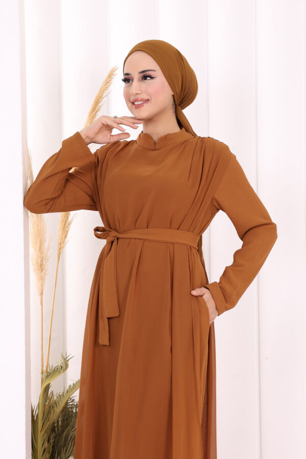 Şifon Pelerin Detay Bel Kuşaklı Tulum 3330 Taba - 9