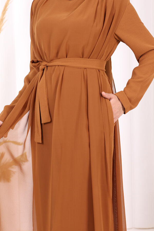 Şifon Pelerin Detay Bel Kuşaklı Tulum 3330 Taba - 10