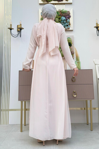 Chiffon Cape Detailed Waist Belted Jumpsuit 3330 Stone - Bym Fashion (1)