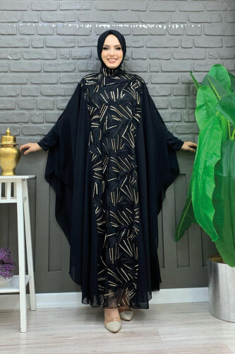 Chiffon Sequin Embroidered Cape Dress Evening Dress Suit 3775 Black - Bym Fashion