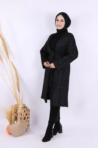 Simli Fitilli Uzun Hırka 17039 Siyah - 3