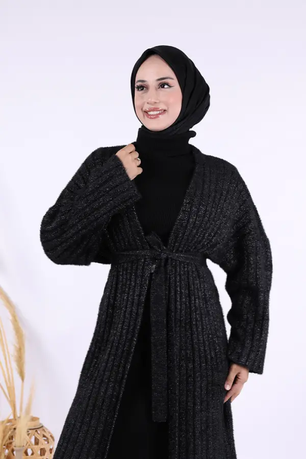 Simli Fitilli Uzun Hırka 17039 Siyah - 4