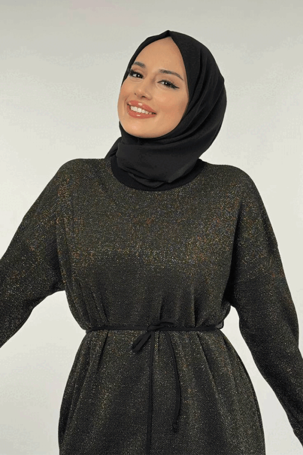Simli Triko Elbise 18315 Siyah-Gold - 4