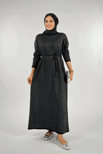 Simli Triko Elbise 18315 Siyah-Gümüş - 1
