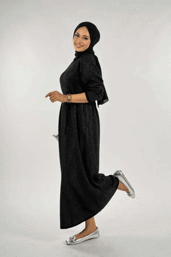 Simli Triko Elbise 18315 Siyah-Gümüş - 3