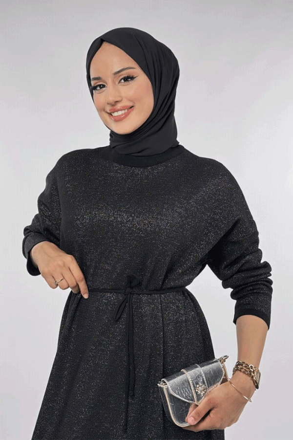 Simli Triko Elbise 18315 Siyah-Gümüş - 4