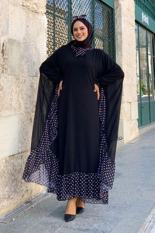 بدلة فستان بعباءة شيفون وياقة مرقطة 3643 أسود - 1