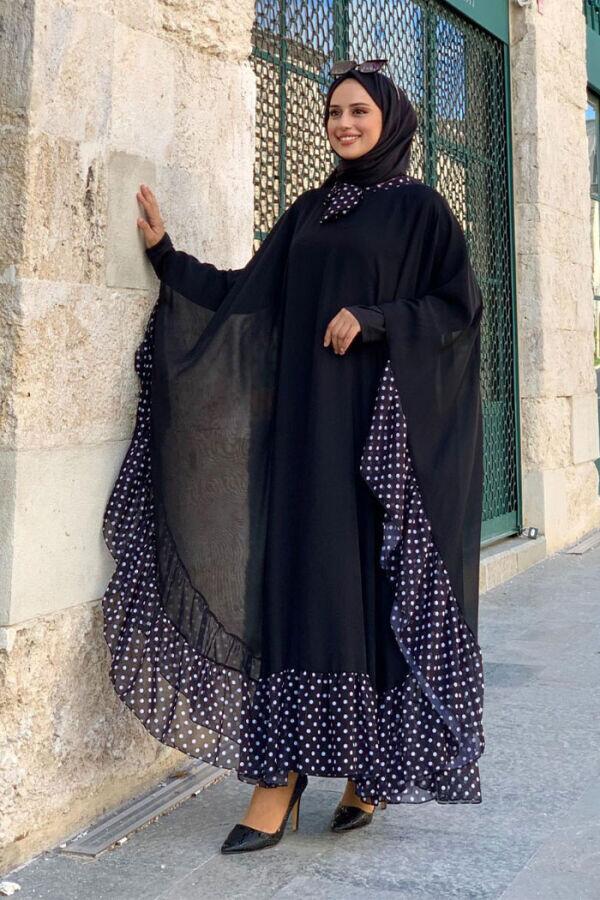 بدلة فستان بعباءة شيفون وياقة مرقطة 3643 أسود - 2