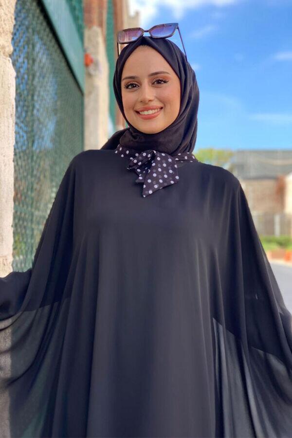 بدلة فستان بعباءة شيفون وياقة مرقطة 3643 أسود - 4