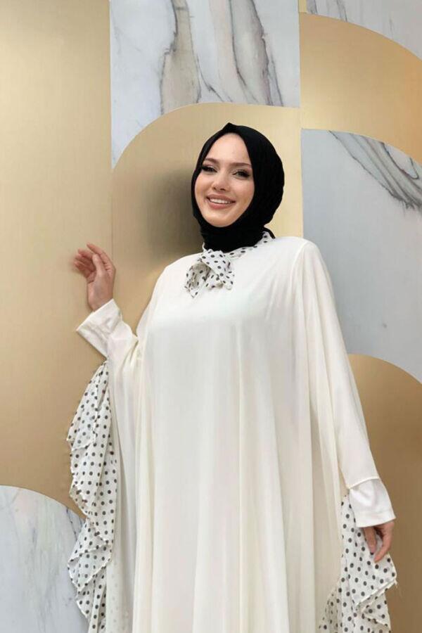 بدلة فستان بقبة مرقطة وعباءة من الشيفون 3643 Ecru - 4