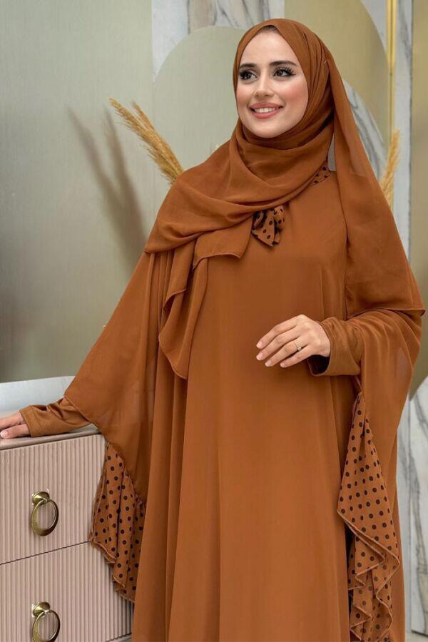 بدلة فستان بقبة مرقطة وعباءة شيفون 3643 أسمر - 4