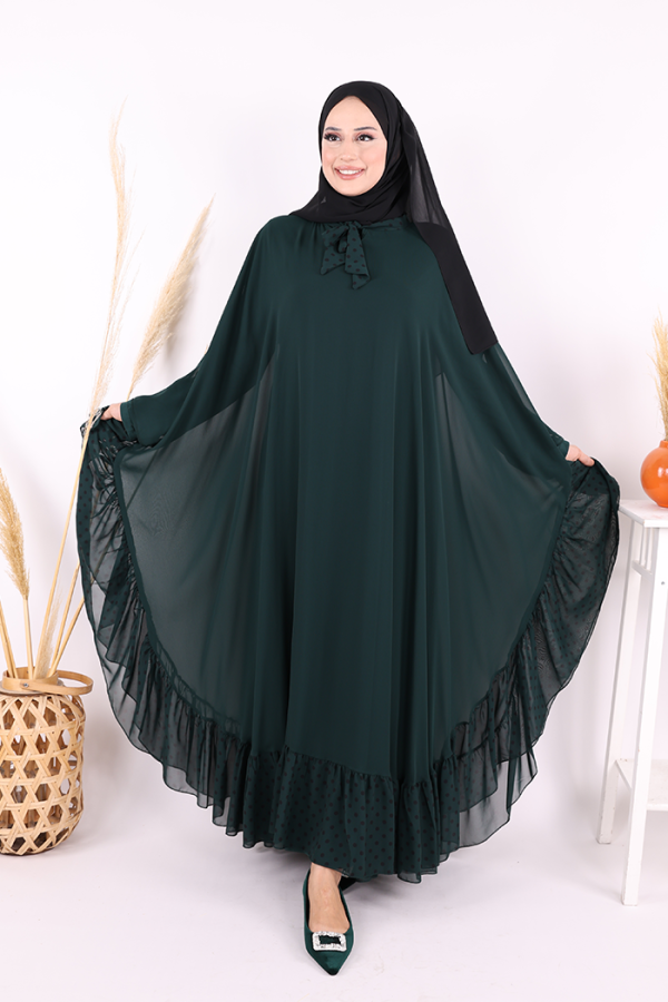 بدلة فستان عباءة من الشيفون بتفاصيل الياقة المرقطة 3643 زمرد - 5