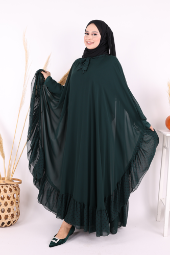 بدلة فستان عباءة من الشيفون بتفاصيل الياقة المرقطة 3643 زمرد - 7