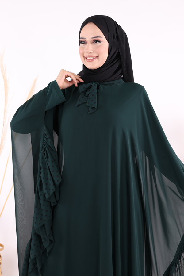 بدلة فستان عباءة من الشيفون بتفاصيل الياقة المرقطة 3643 زمرد - 9
