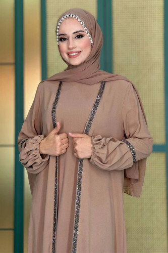 بدلة فستان عباية بتفاصيل حجرية بدون أكمام 3657 مينك - 4