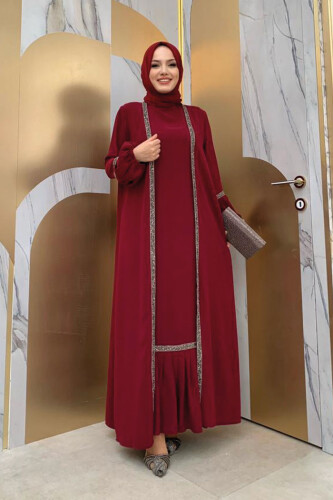 Stone Detailed Abaya Zero Sleeve Dress Suit 3657 Claret Red - Bym Fashion