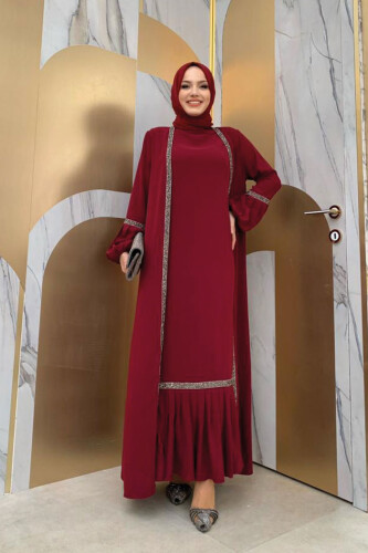 Stone Detailed Abaya Zero Sleeve Dress Suit 3657 Claret Red - Bym Fashion (1)