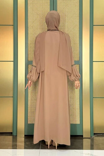 Stone Detailed Abaya Zero Sleeve Dress Suit 3657 Mink - Bym Fashion (1)