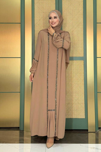 Taş Detaylı Abaya Sıfır Kol Elbise Takım 3657 Vizon - 1
