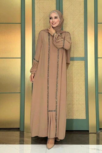 Taş Detaylı Abaya Sıfır Kol Elbise Takım 3657 Vizon - 1