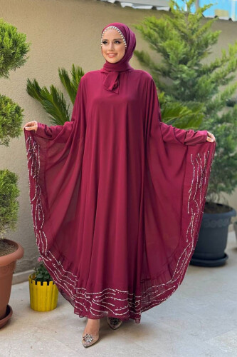 Taş Detaylı Abayalı Elbise Takım 3927 Bordo - 1
