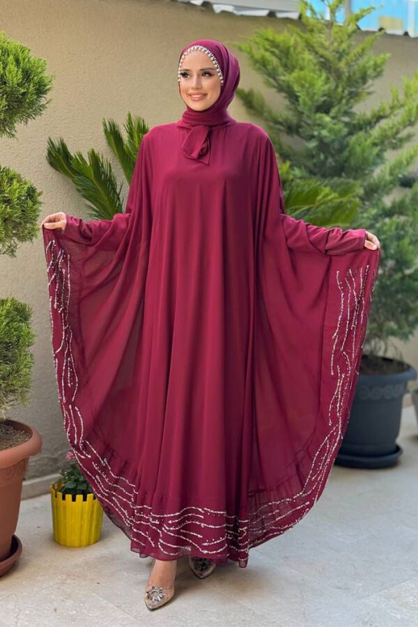 Taş Detaylı Abayalı Elbise Takım 3927 Bordo - 1