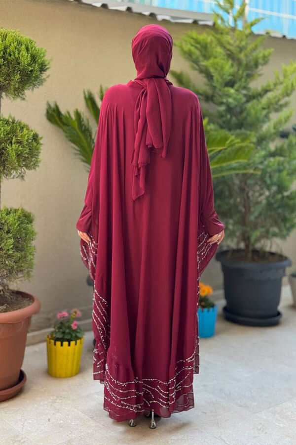Taş Detaylı Abayalı Elbise Takım 3927 Bordo - 2