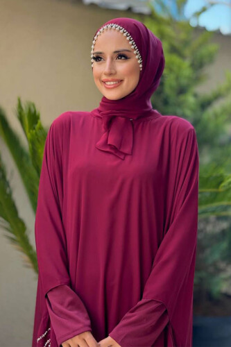 Taş Detaylı Abayalı Elbise Takım 3927 Bordo - 4