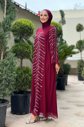 Taş Detaylı Abiye Elbise 3915 Bordo - Bym Fashion (1)