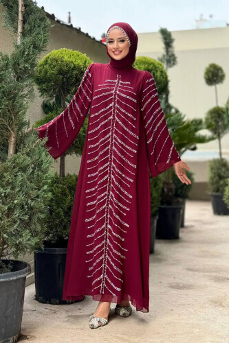 Taş Detaylı Abiye Elbise 3915 Bordo - Bym Fashion