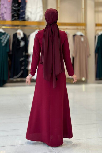 Taş Detaylı Abiye Elbise 3916 Bordo - Bym Fashion (1)