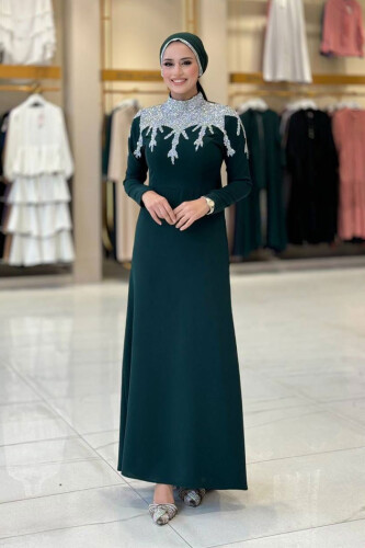 Taş Detaylı Abiye Elbise 3916 Zümrüt - Bym Fashion