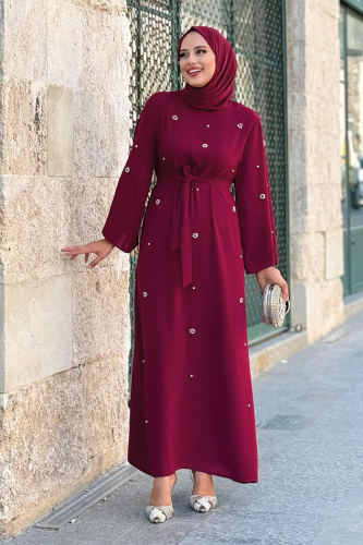 Stone Detailed Waist Belted Dress 3797 Claret Red - Bym Fashion
