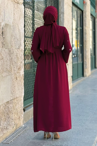 Stone Detailed Waist Belted Dress 3797 Claret Red - Bym Fashion (1)