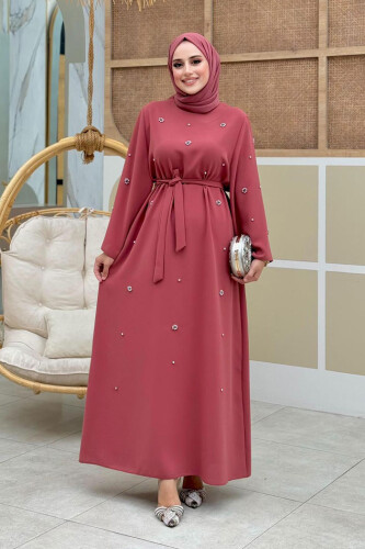 Stone Detailed Waist Belted Dress 3797 Dried Rose - Bym Fashion