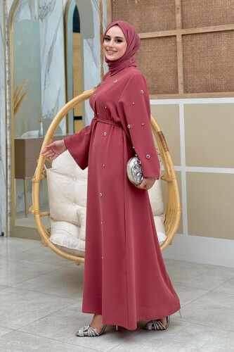 Stone Detailed Waist Belted Dress 3797 Dried Rose - Bym Fashion (1)