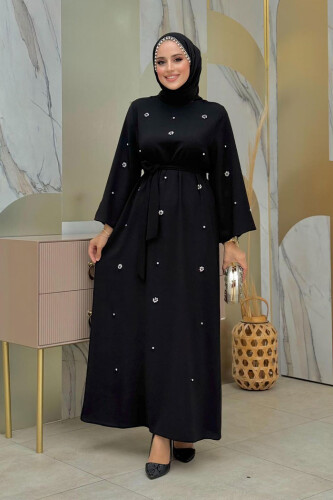 Stone Detailed Waist Belted Dress 3797 Black - Bym Fashion