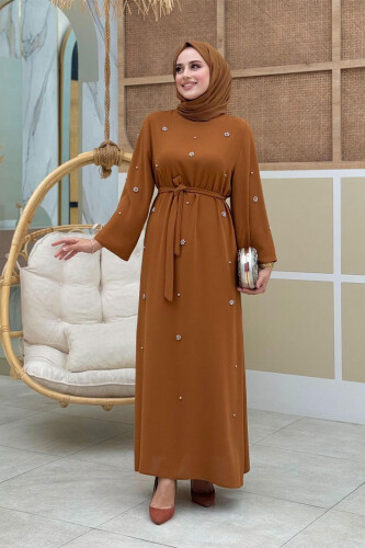 Stone Detailed Waist Belted Dress 3797 Tan - Bym Fashion