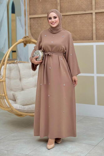 Stone Detailed Waist Belted Dress 3797 Mink - Bym Fashion