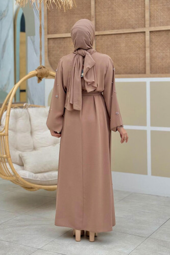 Stone Detailed Waist Belted Dress 3797 Mink - Bym Fashion (1)